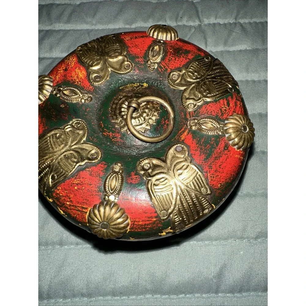 Ornate Gilded Gold Wood Wooden Tin Embossed Bird Owl Trinket Jewlery Jewelry Box